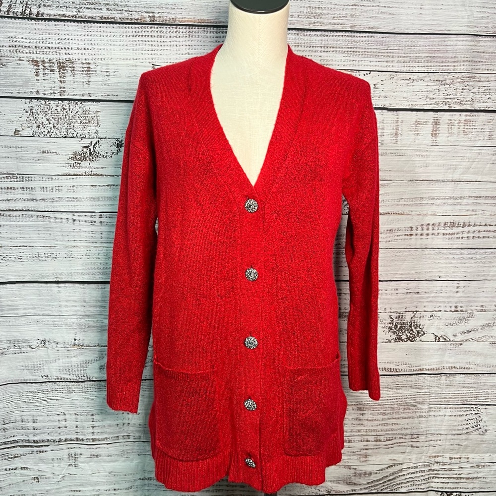 Talbots Small Red Sweater Cardigan Holiday Christmas Rhinestone Buttons